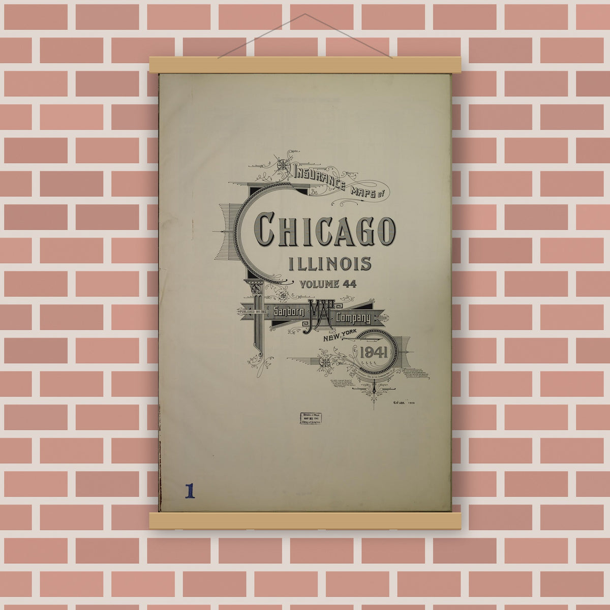 Old map wall art mockup — magnetic wood frame on brick wall — Sanborn Fire Insurance Map from Chicago, Cook County, Illinois (1941), Sheet #0001