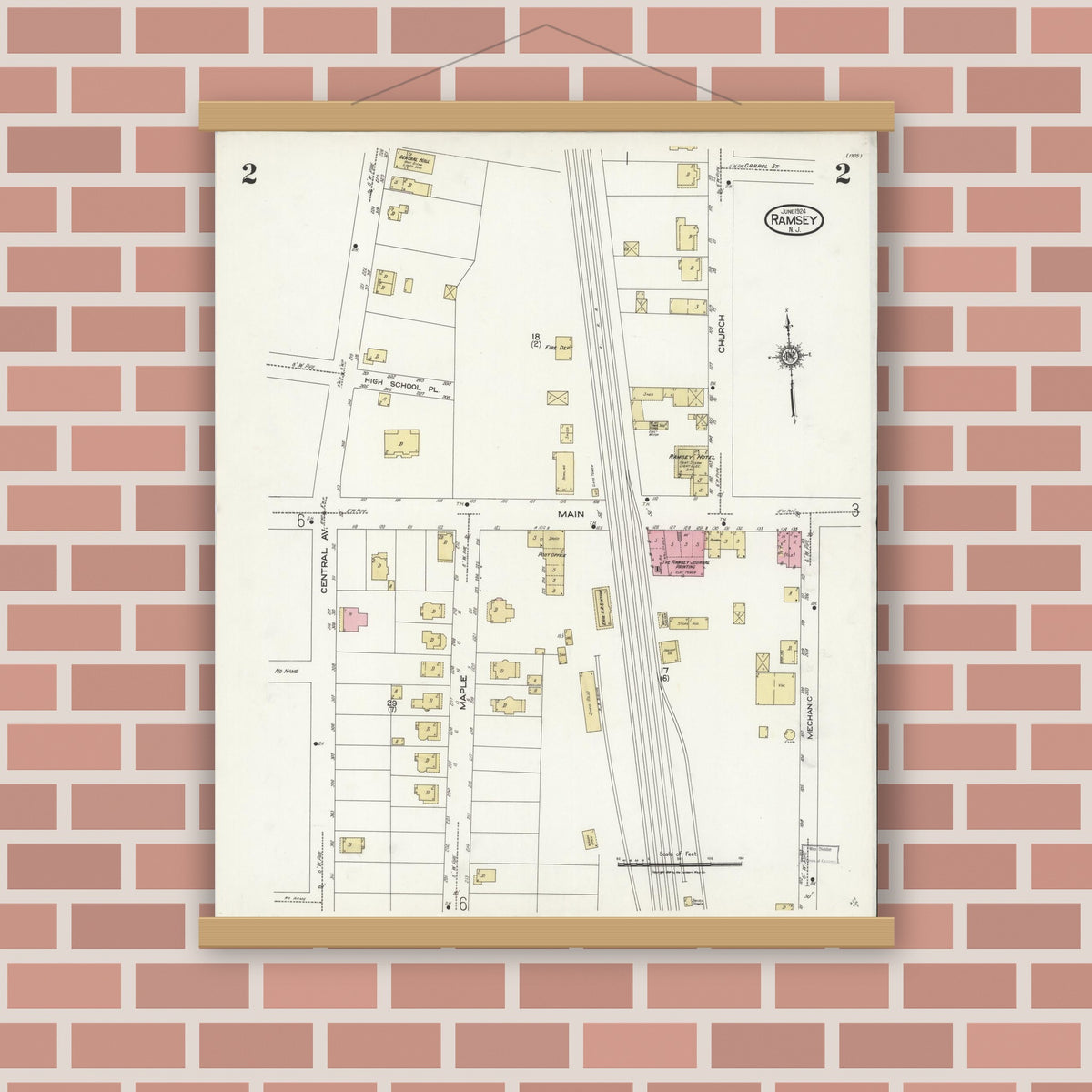 Old map wall art mockup — magnetic wood frame on brick wall — Sanborn Fire Insurance Map from Ramsey, Bergen County, New Jersey (1924), Sheet #0002