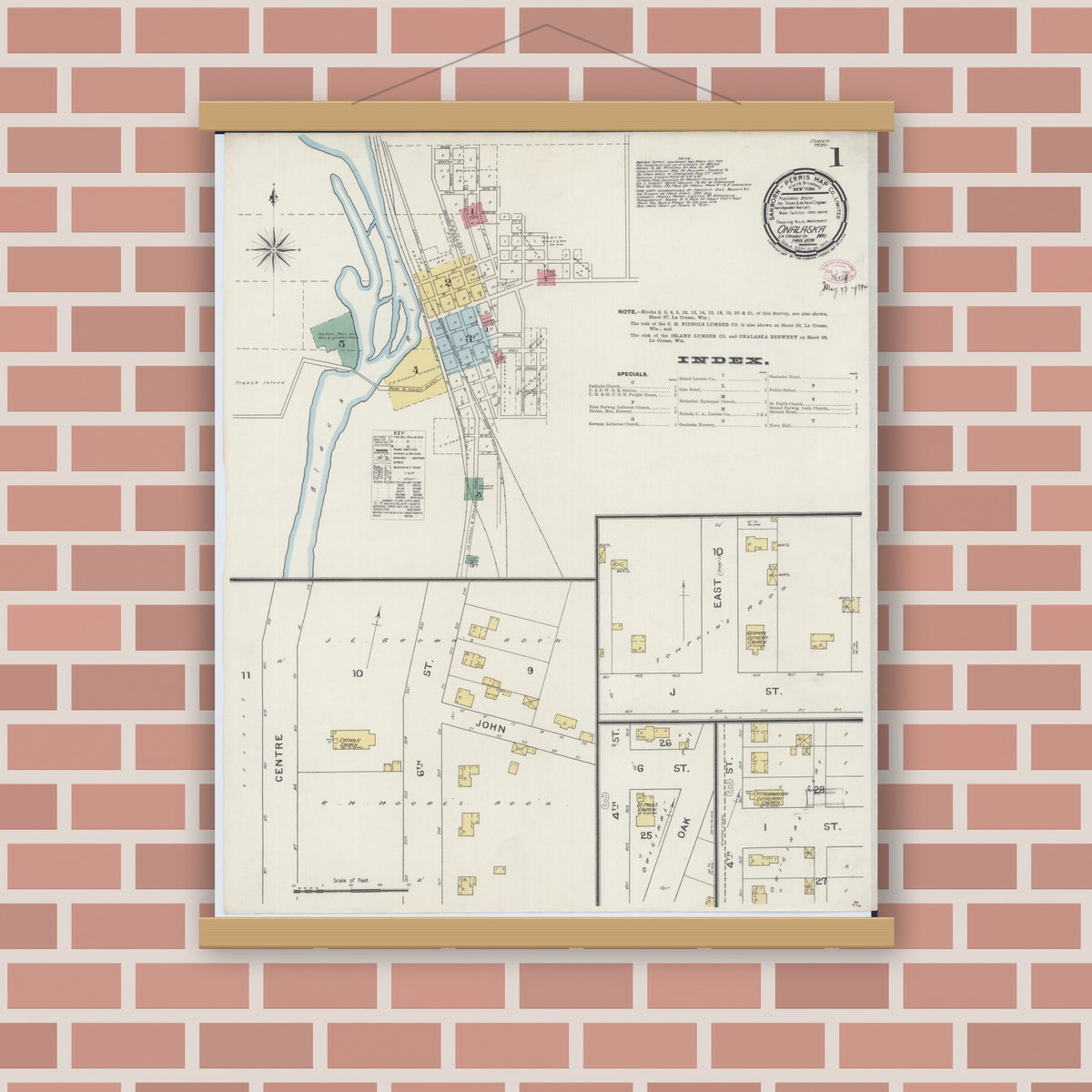 Old map wall art mockup — magnetic wood frame on brick wall — Sanborn Fire Insurance Map from Onalaska, La Crosse County, Wisconsin (1894) - Complete Map Set
