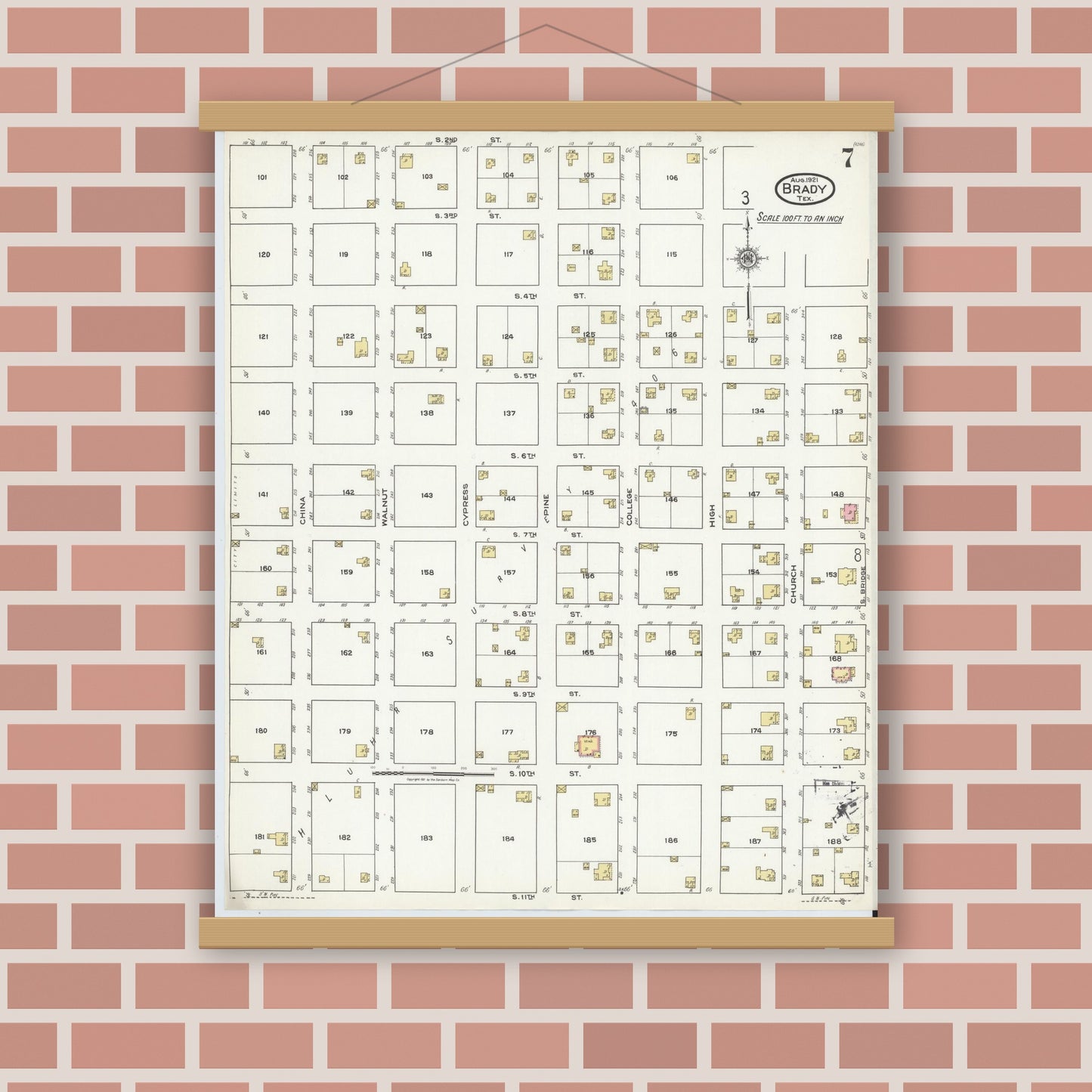 Old map wall art mockup — magnetic wood frame on brick wall — Sanborn Fire Insurance Map from Brady, McCulloch County, Texas (1921), Sheet #0007