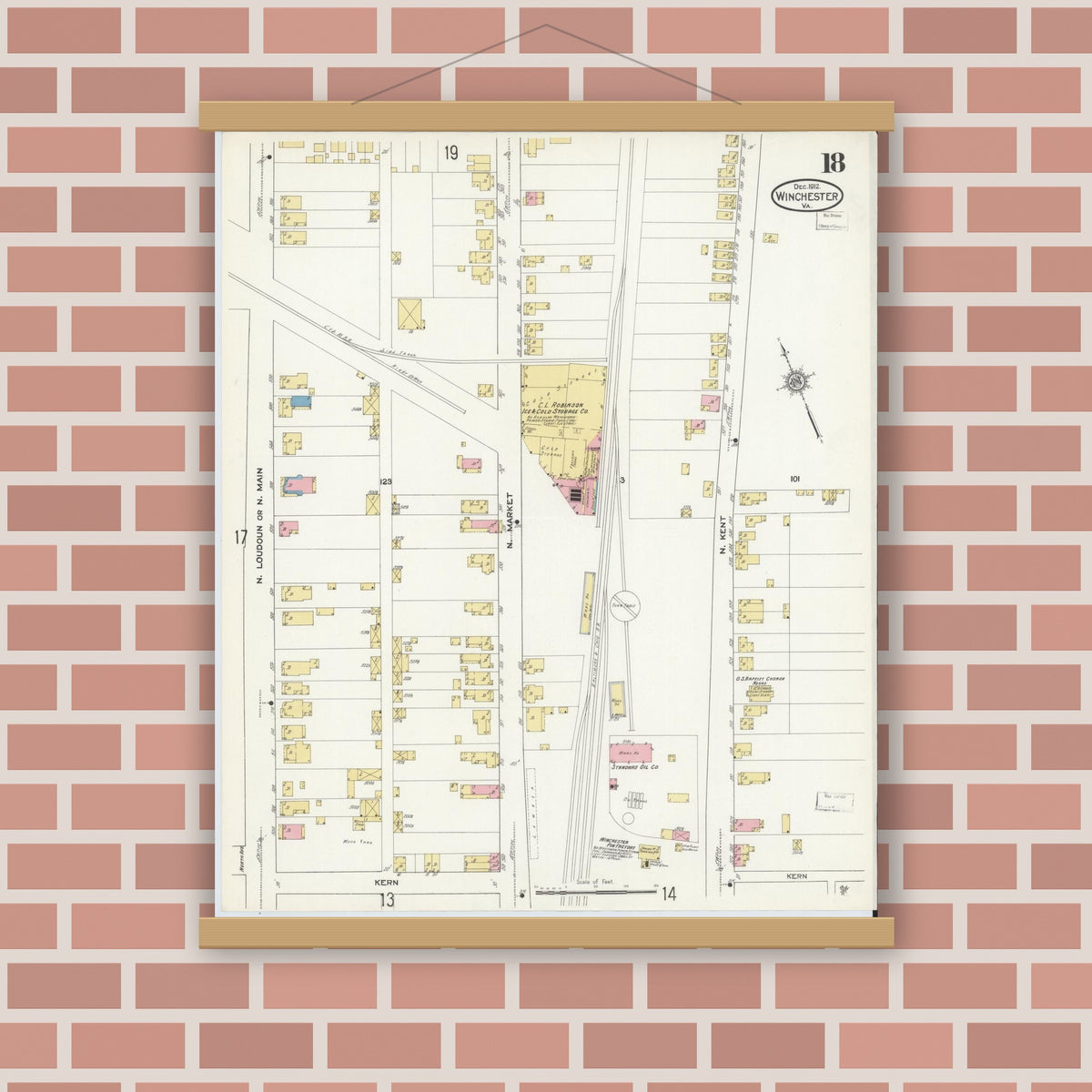 Old map wall art mockup — magnetic wood frame on brick wall — Sanborn Fire Insurance Map from Winchester, Independent Cities, Virginia (1912), Sheet #0018