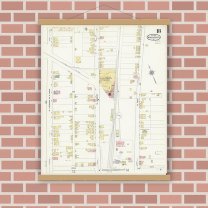 Old map wall art mockup — magnetic wood frame on brick wall — Sanborn Fire Insurance Map from Winchester, Independent Cities, Virginia (1912), Sheet #0018