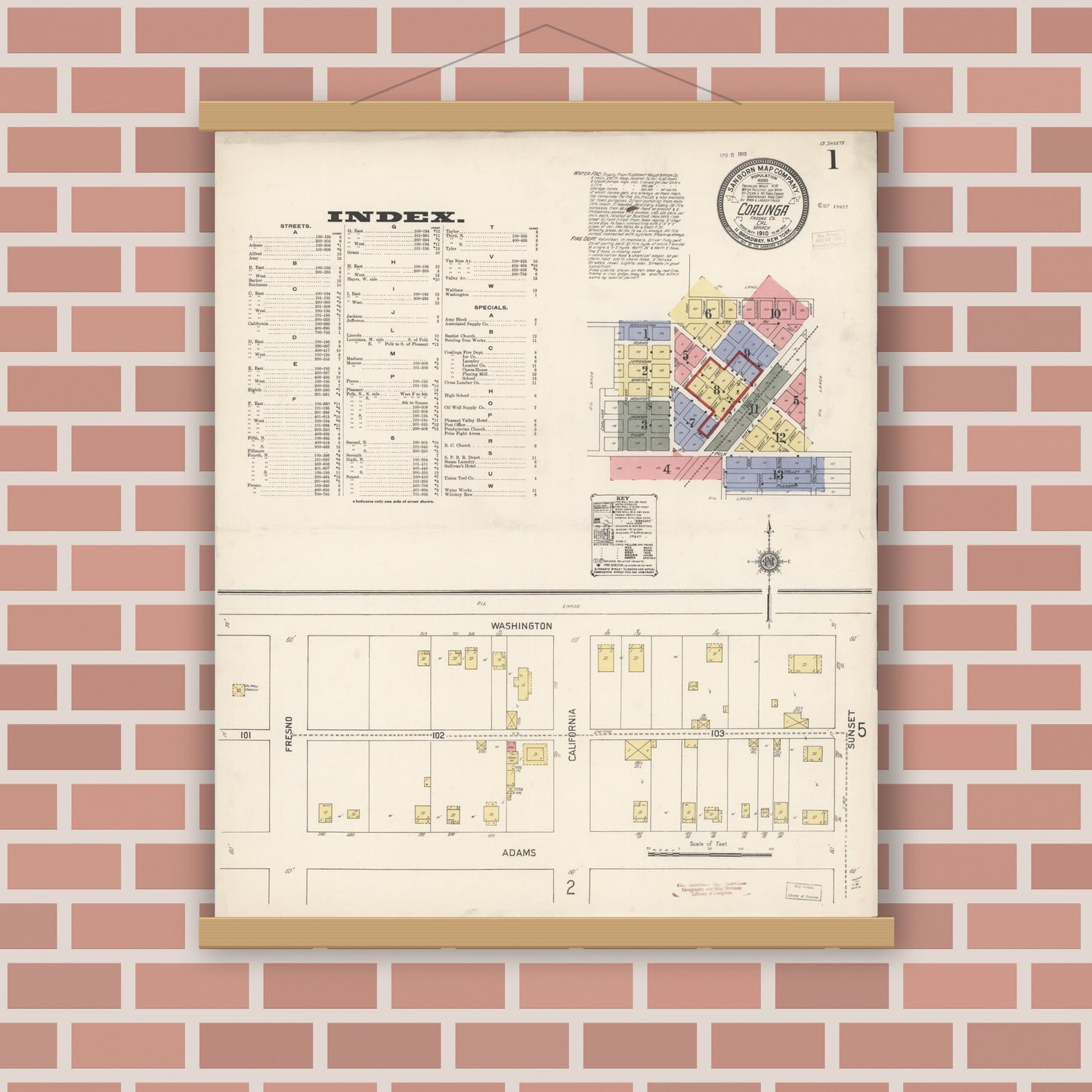 Old map wall art mockup — magnetic wood frame on brick wall — Sanborn Fire Insurance Map from Coalinga, Fresno County, California (1910), Sheet #0001