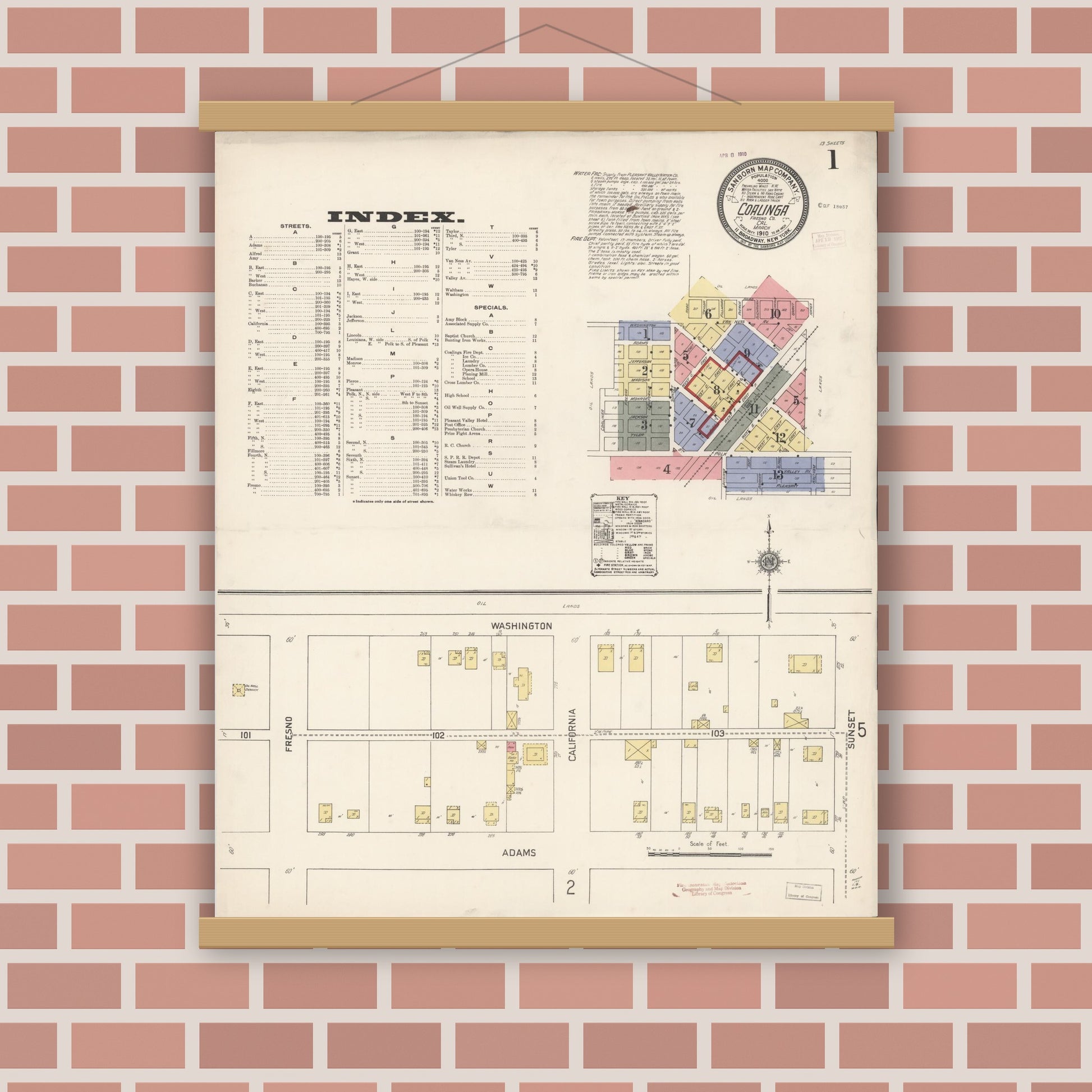 Old map wall art mockup — magnetic wood frame on brick wall — Sanborn Fire Insurance Map from Coalinga, Fresno County, California (1910), Sheet #0001