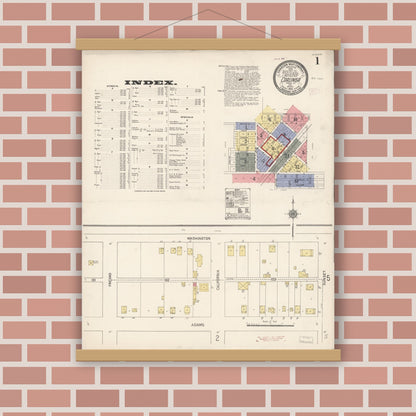 Old map wall art mockup — magnetic wood frame on brick wall — Sanborn Fire Insurance Map from Coalinga, Fresno County, California (1910), Sheet #0001