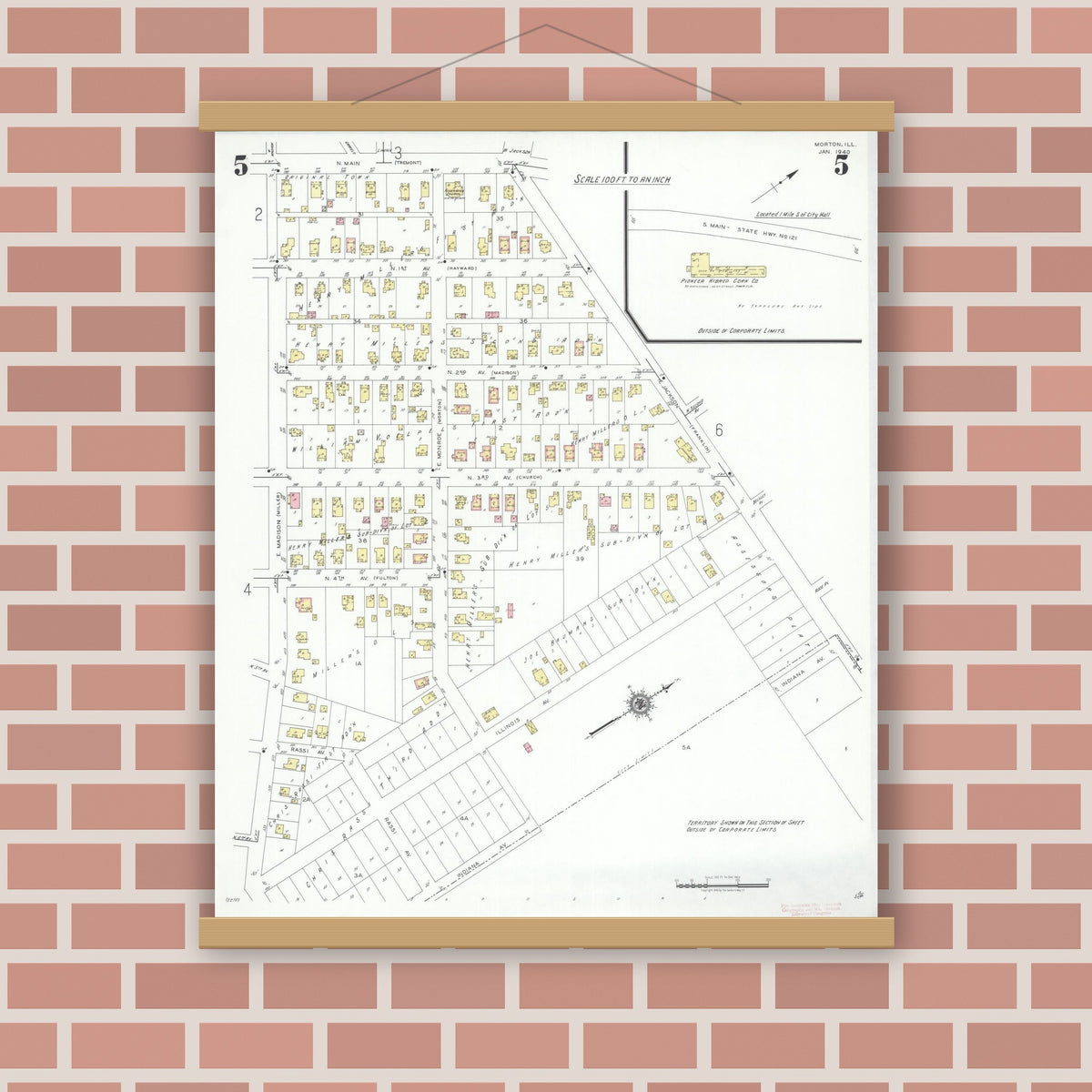 Old map wall art mockup — magnetic wood frame on brick wall — Sanborn Fire Insurance Map from Morton, Tazewell County, Illinois (1940), Sheet #0005