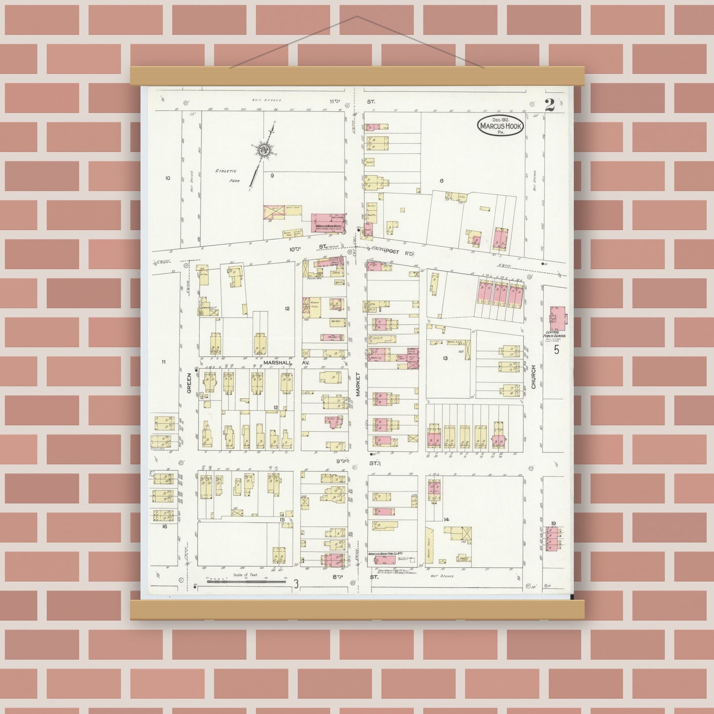 Old map wall art mockup — magnetic wood frame on brick wall — Sanborn Fire Insurance Map from Marcus Hook, Chester County, Pennsylvania (1912), Sheet #0002