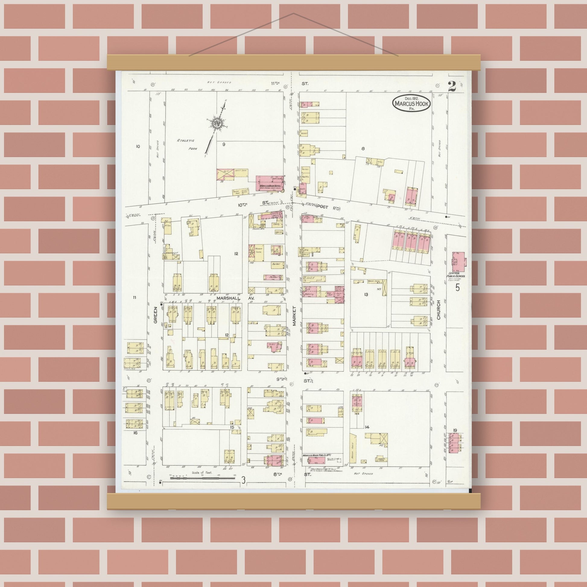 Old map wall art mockup — magnetic wood frame on brick wall — Sanborn Fire Insurance Map from Marcus Hook, Chester County, Pennsylvania (1912), Sheet #0002