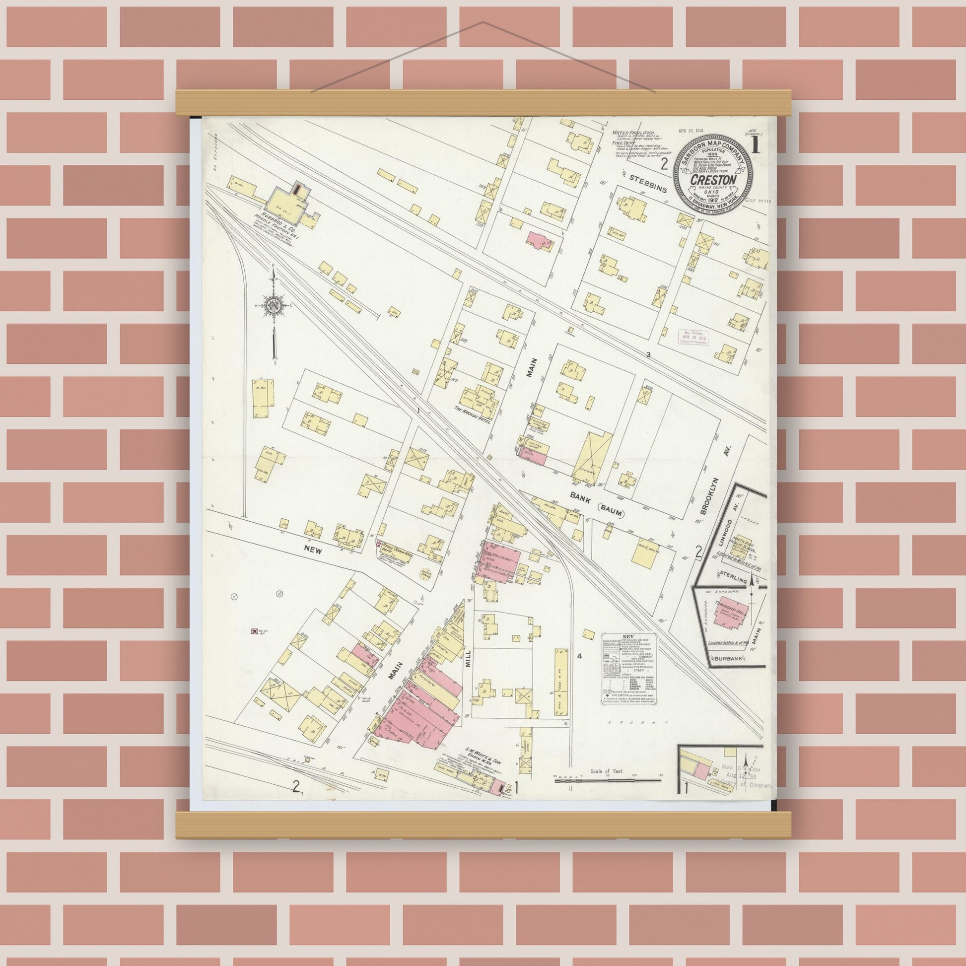 Old map wall art mockup — magnetic wood frame on brick wall — Sanborn Fire Insurance Map from Creston, Wayne County, Ohio (1912) - Complete Map Set