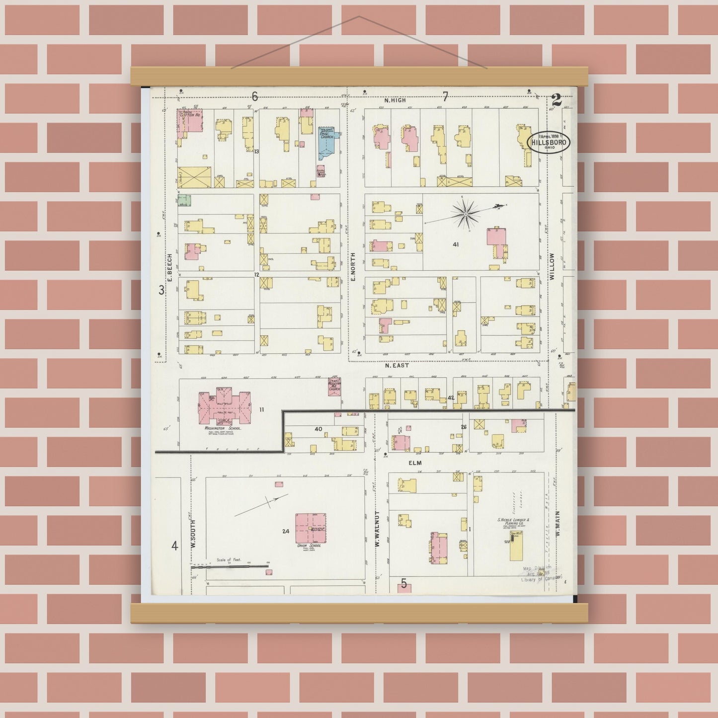 Old map wall art mockup — magnetic wood frame on brick wall — Sanborn Fire Insurance Map from Hillsboro, Highland County, Ohio (1898), Sheet #0002