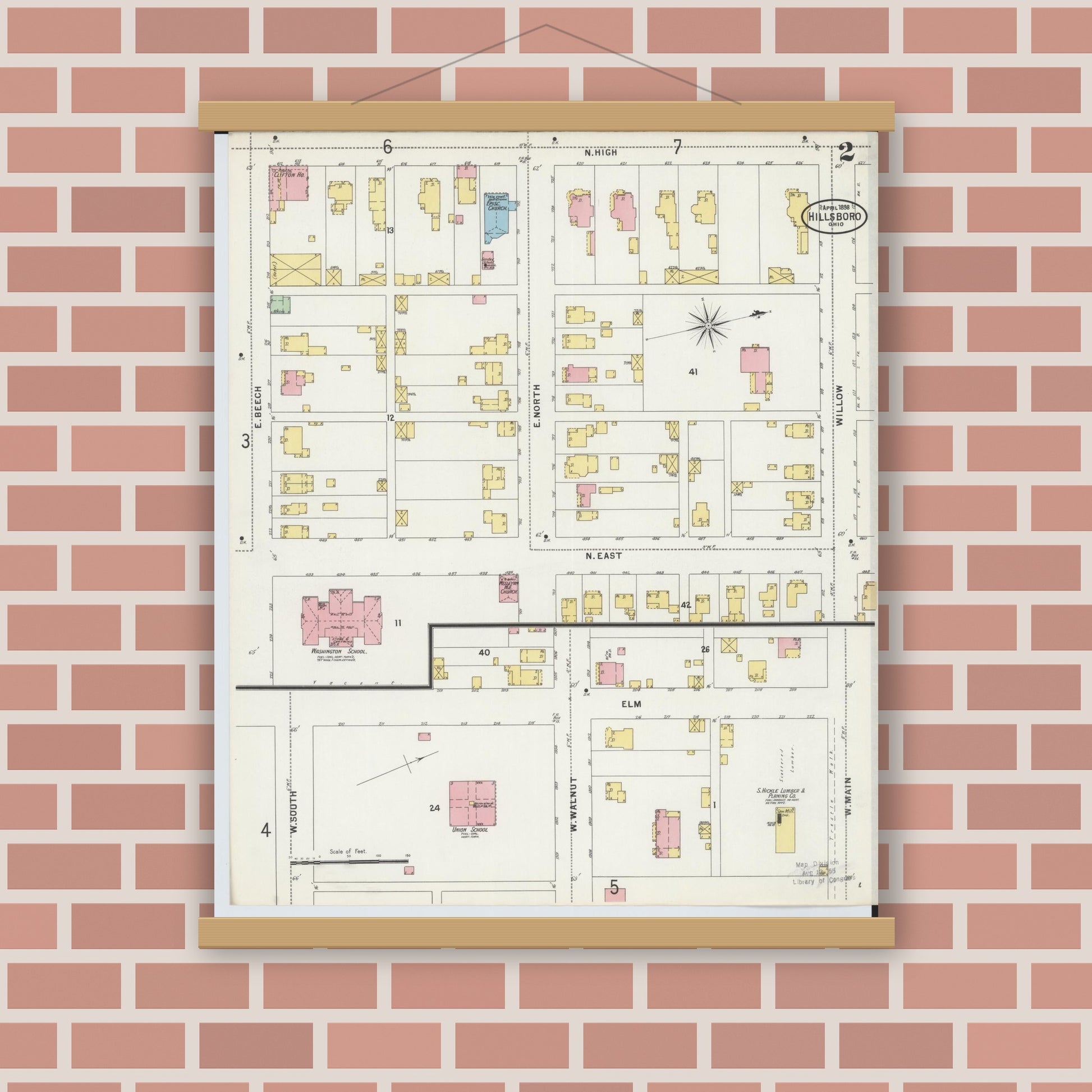 Old map wall art mockup — magnetic wood frame on brick wall — Sanborn Fire Insurance Map from Hillsboro, Highland County, Ohio (1898), Sheet #0002