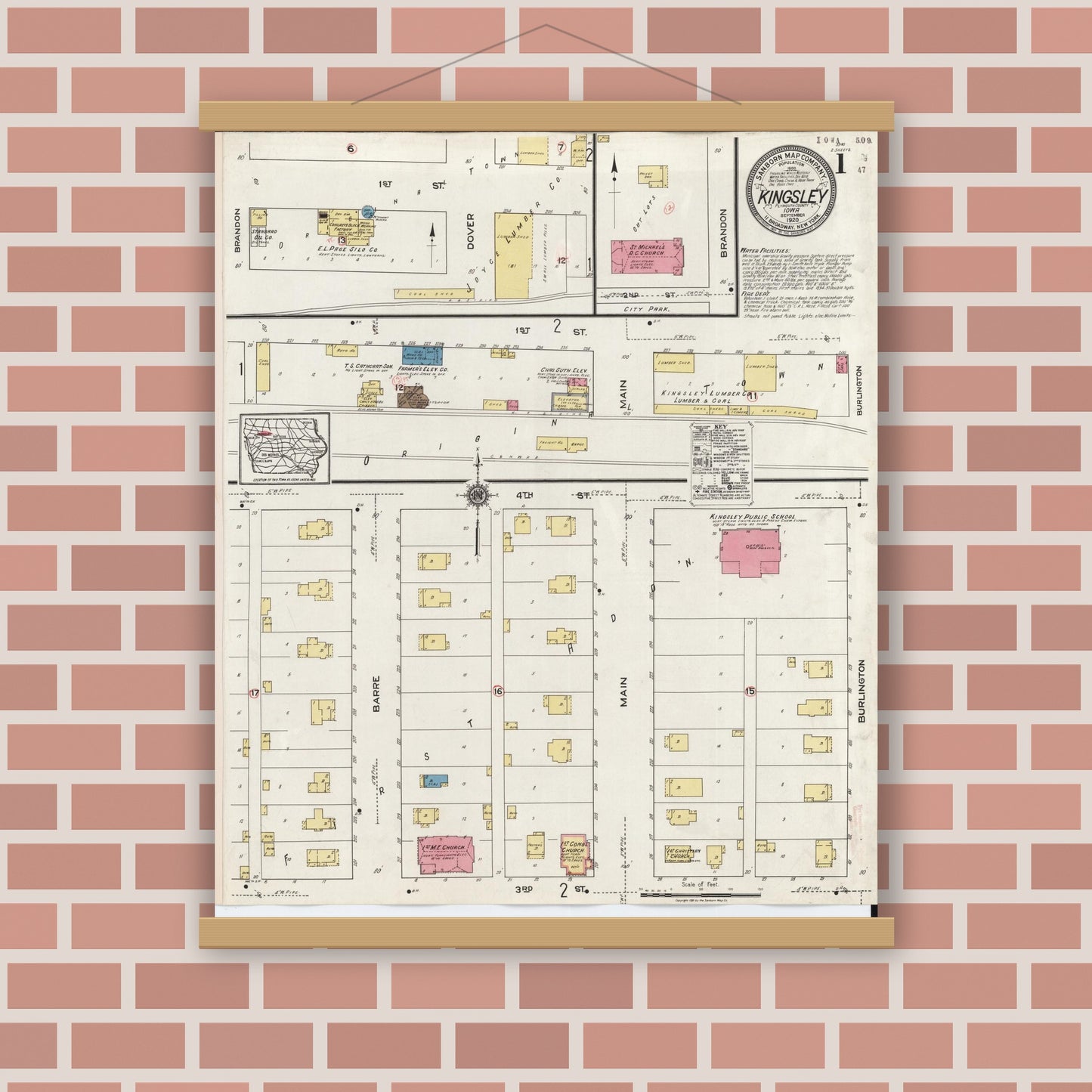Old map wall art mockup — magnetic wood frame on brick wall — Sanborn Fire Insurance Map from Kingsley, Plymouth County, Iowa (1920) â€” Complete Set