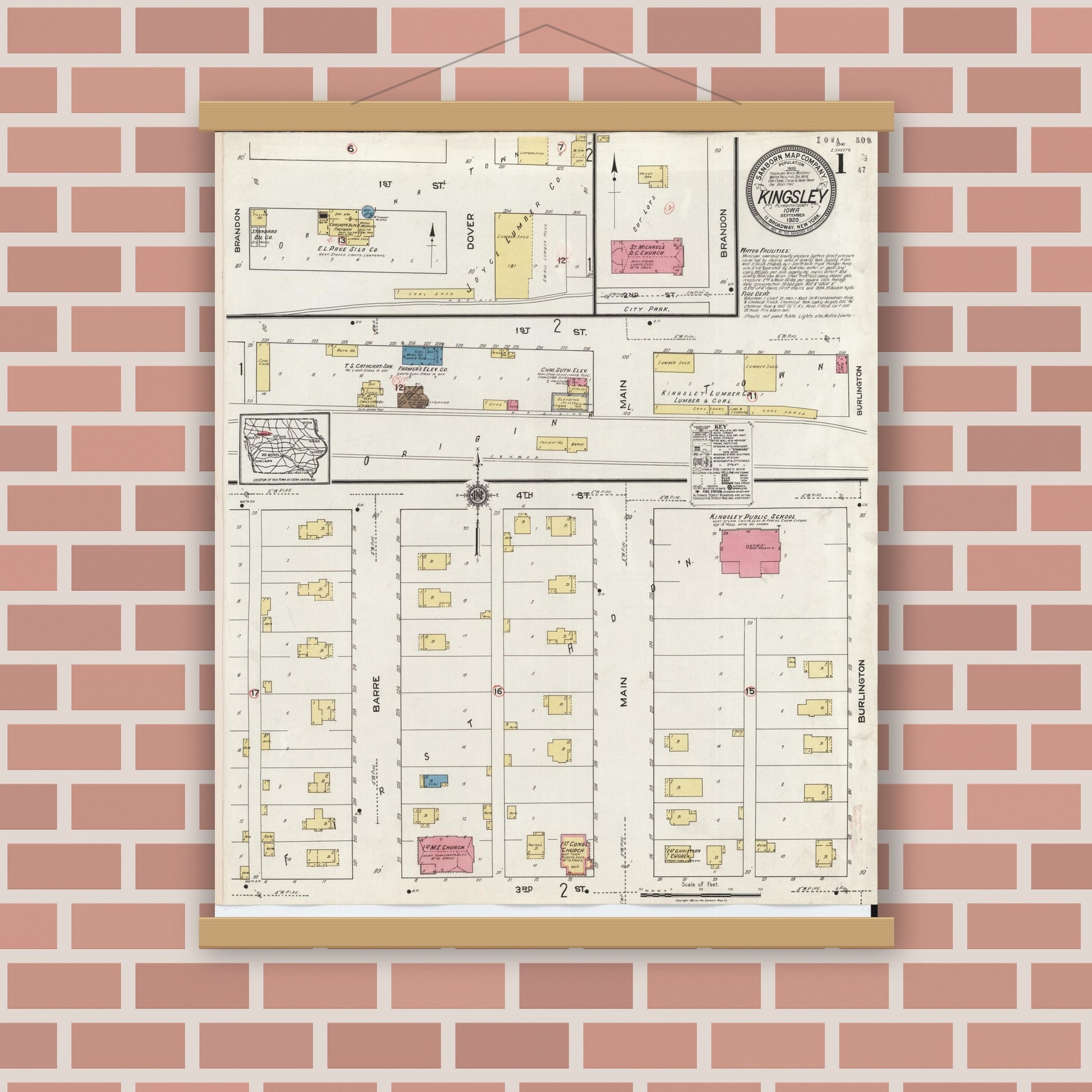 Old map wall art mockup — magnetic wood frame on brick wall — Sanborn Fire Insurance Map from Kingsley, Plymouth County, Iowa (1920) â€” Complete Set