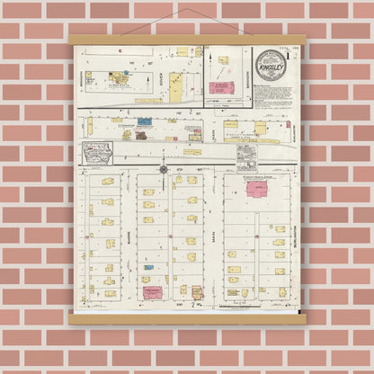 Old map wall art mockup — magnetic wood frame on brick wall — Sanborn Fire Insurance Map from Kingsley, Plymouth County, Iowa (1920) â€” Complete Set