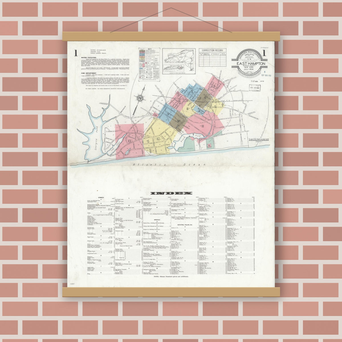 Old map wall art mockup — magnetic wood frame on brick wall — Sanborn Fire Insurance Map from Easthampton, Suffolk County, New York (1936) - Complete Map Set