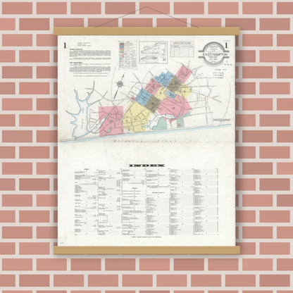 Old map wall art mockup — magnetic wood frame on brick wall — Sanborn Fire Insurance Map from Easthampton, Suffolk County, New York (1936) - Complete Map Set