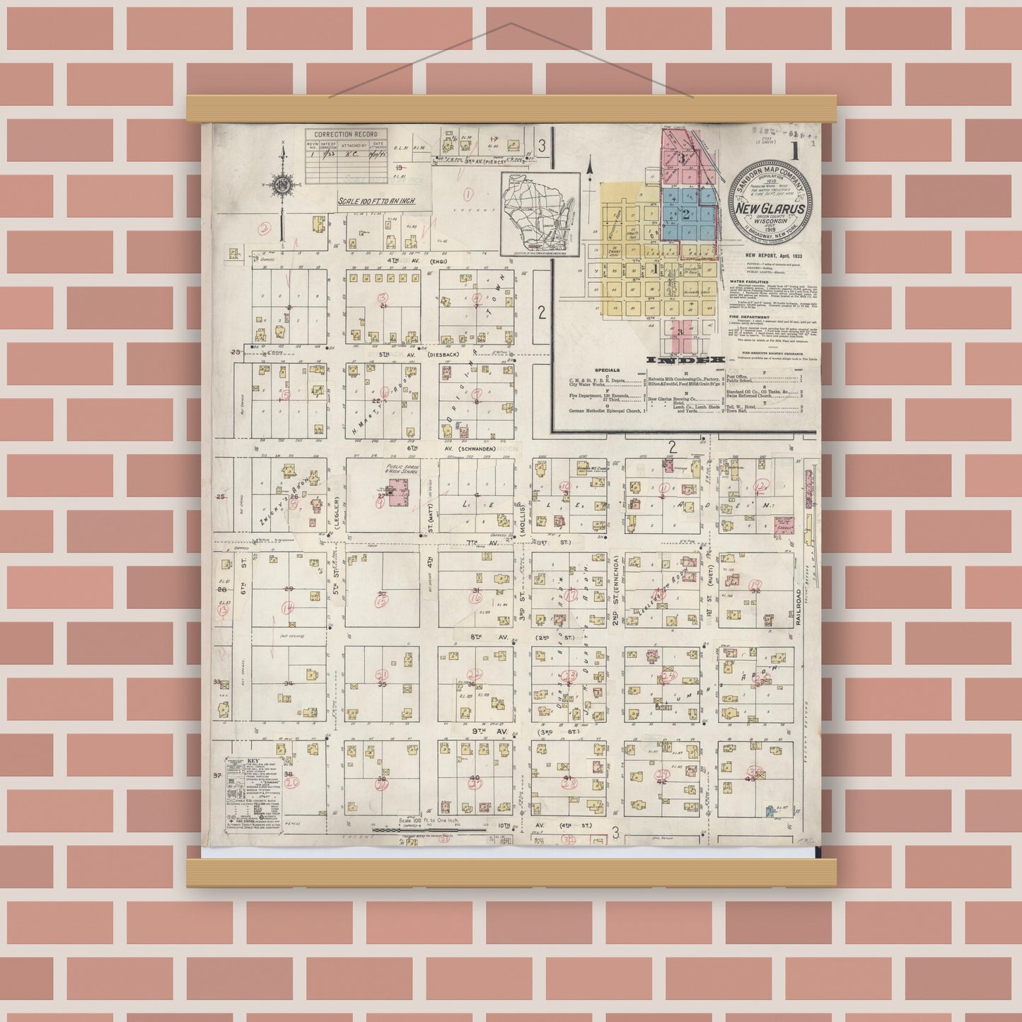 Old map wall art mockup — magnetic wood frame on brick wall — Sanborn Fire Insurance Map from New Glarus, Green County, Wisconsin (1933) - Complete Map Set