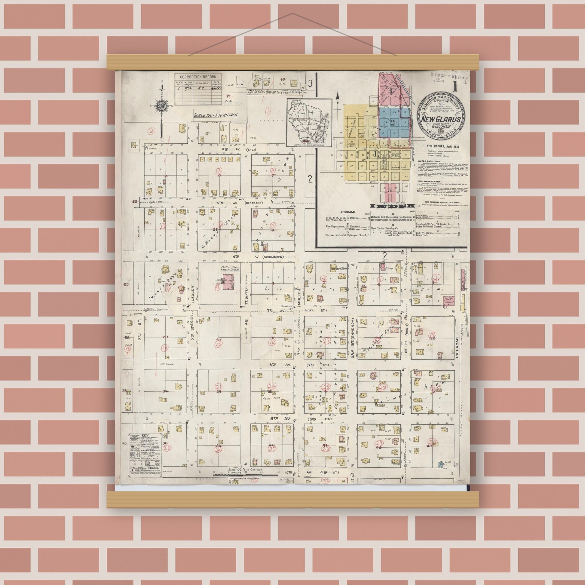 Old map wall art mockup — magnetic wood frame on brick wall — Sanborn Fire Insurance Map from New Glarus, Green County, Wisconsin (1933) - Complete Map Set