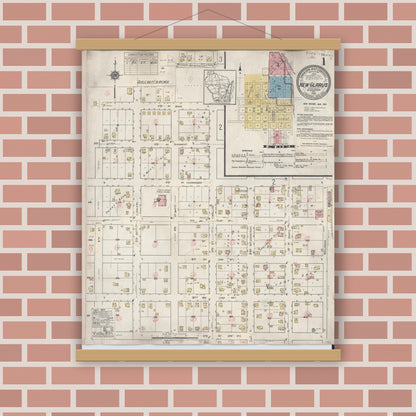 Old map wall art mockup — magnetic wood frame on brick wall — Sanborn Fire Insurance Map from New Glarus, Green County, Wisconsin (1933) - Complete Map Set
