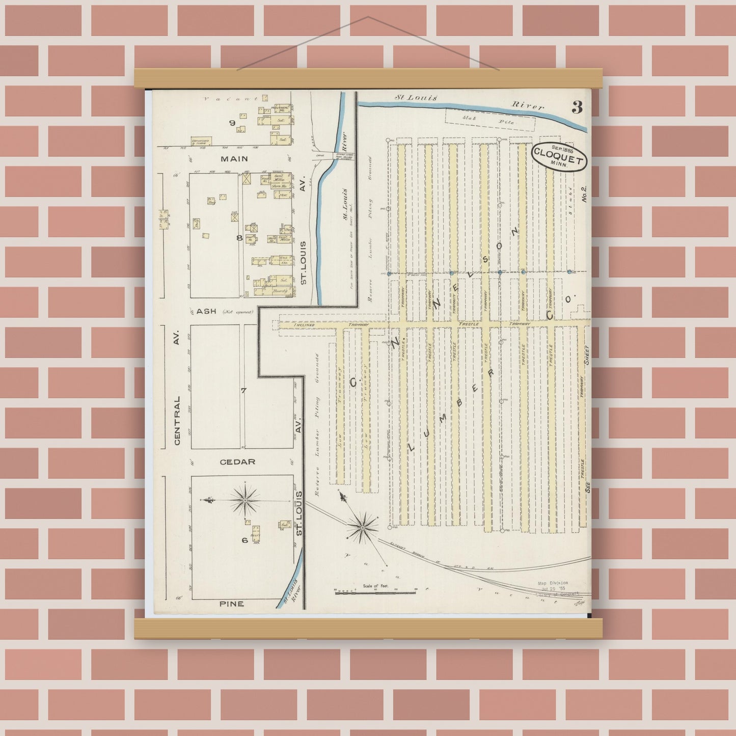 Old map wall art mockup — magnetic wood frame on brick wall — Sanborn Fire Insurance Map from Cloquet, Carlton County, Minnesota (1885), Sheet #0003