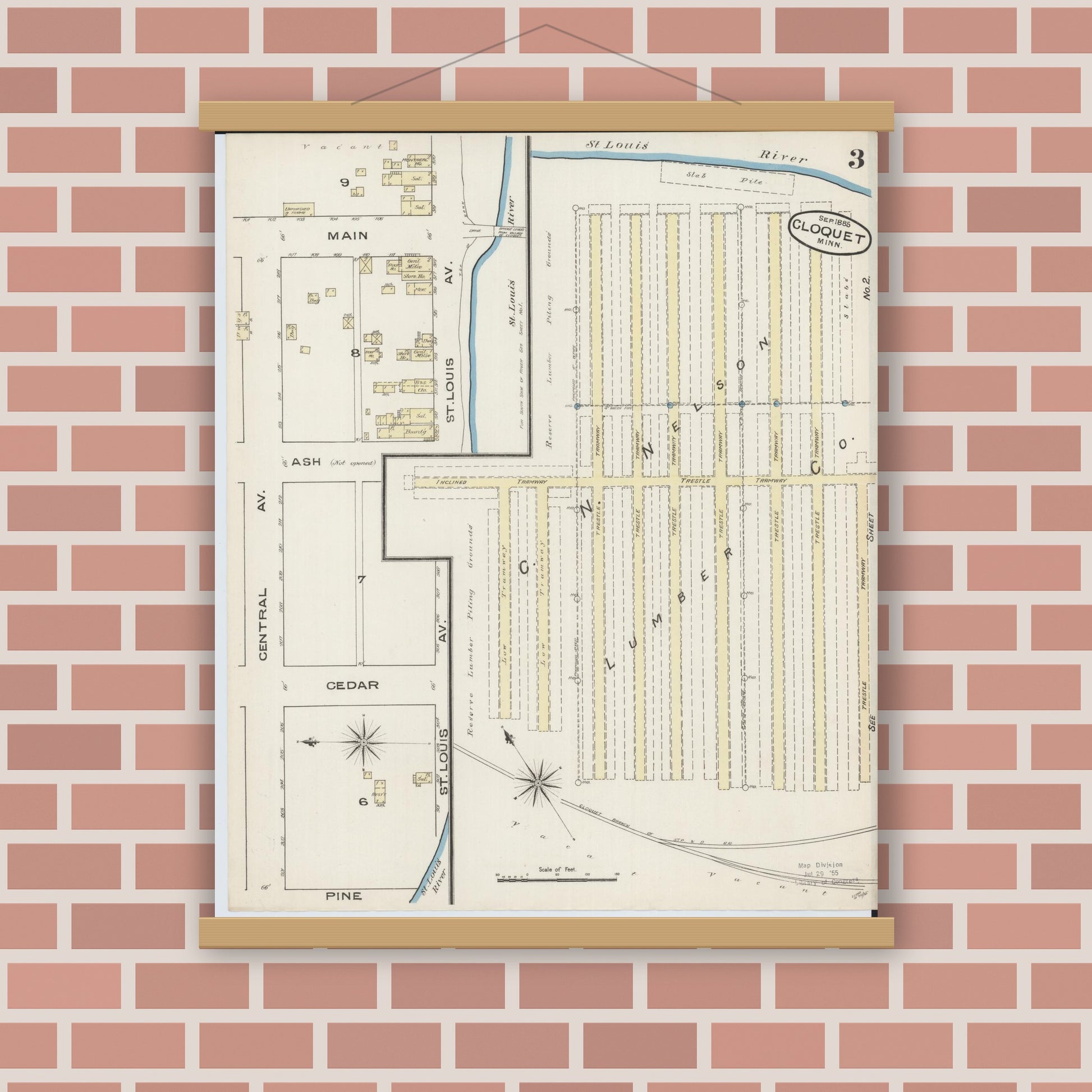 Old map wall art mockup — magnetic wood frame on brick wall — Sanborn Fire Insurance Map from Cloquet, Carlton County, Minnesota (1885), Sheet #0003