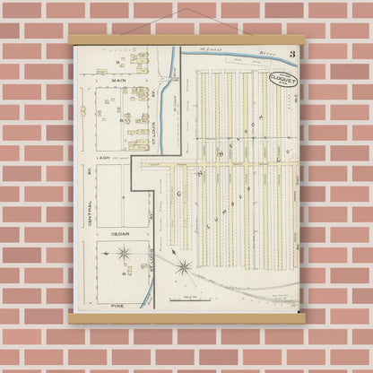 Old map wall art mockup — magnetic wood frame on brick wall — Sanborn Fire Insurance Map from Cloquet, Carlton County, Minnesota (1885), Sheet #0003