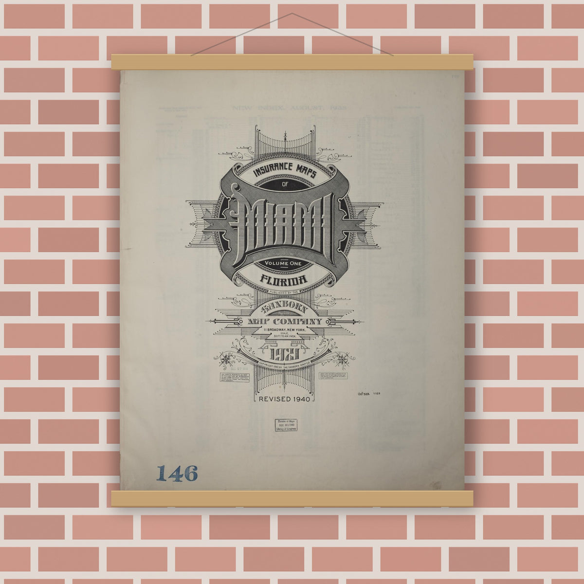 Old map wall art mockup — magnetic wood frame on brick wall — Sanborn Fire Insurance Map from Miami, Dade County, Florida (1940), Sheet #0001