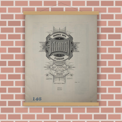 Old map wall art mockup — magnetic wood frame on brick wall — Sanborn Fire Insurance Map from Miami, Dade County, Florida (1940), Sheet #0001
