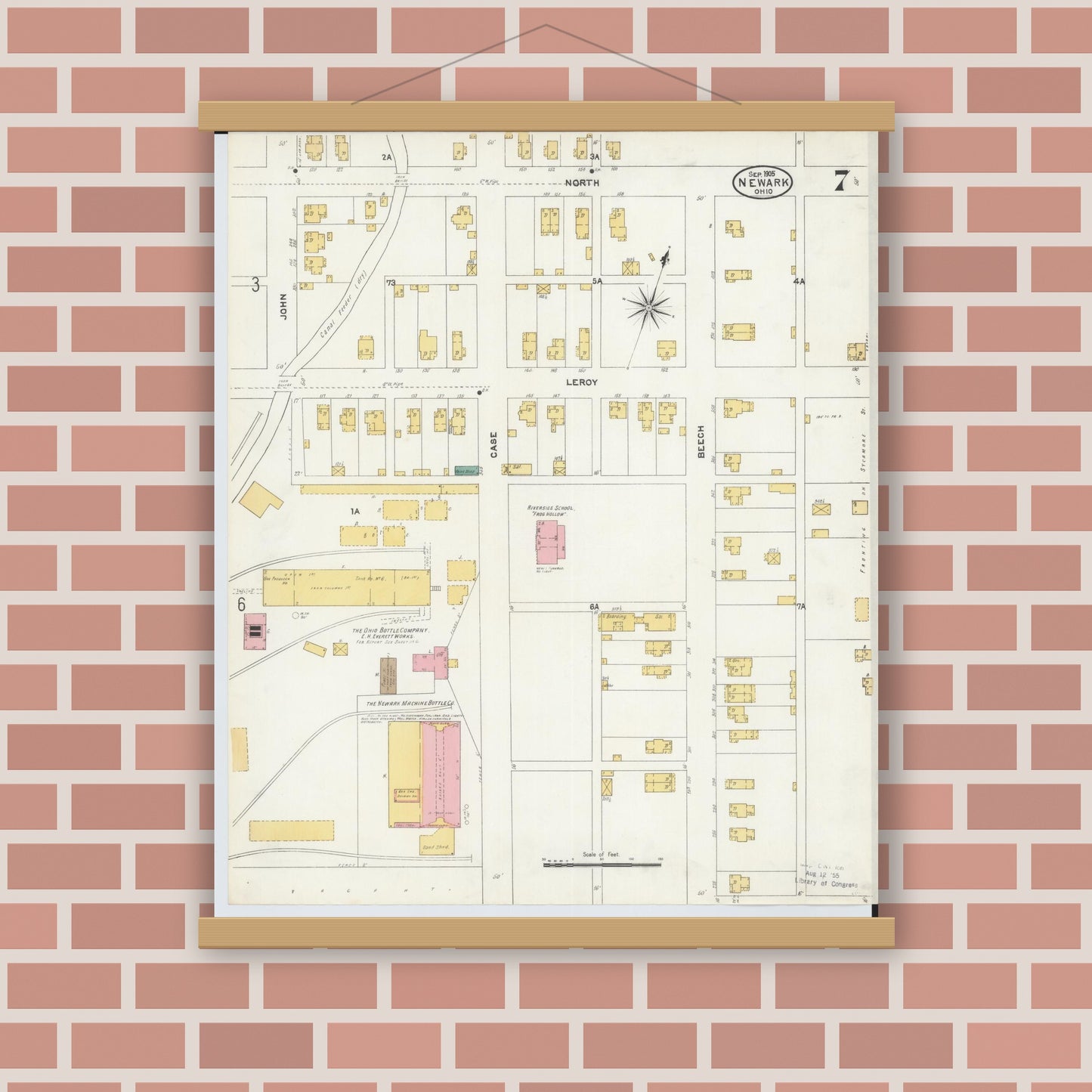 Old map wall art mockup — magnetic wood frame on brick wall — Sanborn Fire Insurance Map from Newark, Licking County, Ohio (1905), Sheet #0007