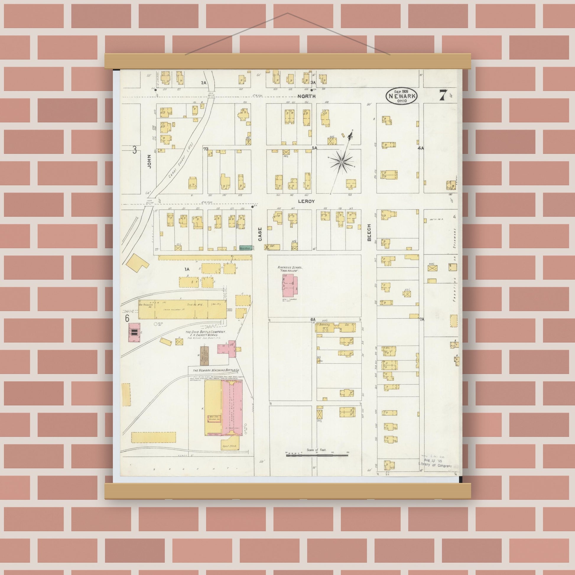 Old map wall art mockup — magnetic wood frame on brick wall — Sanborn Fire Insurance Map from Newark, Licking County, Ohio (1905), Sheet #0007