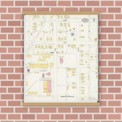 Old map wall art mockup — magnetic wood frame on brick wall — Sanborn Fire Insurance Map from Newark, Licking County, Ohio (1905), Sheet #0007