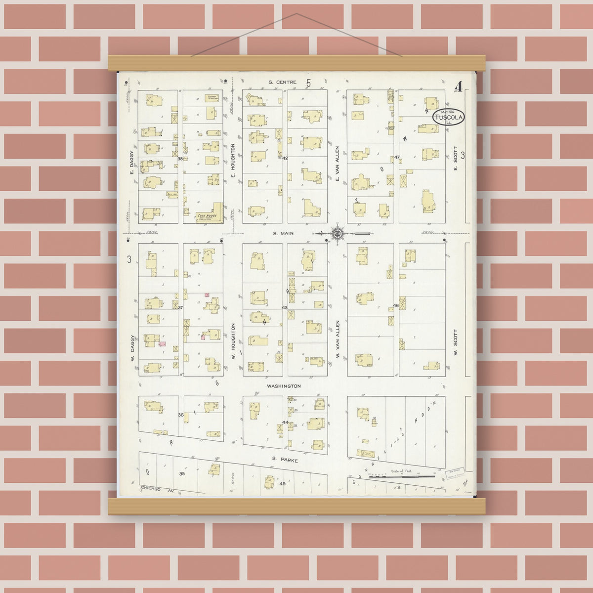 Old map wall art mockup — magnetic wood frame on brick wall — Sanborn Fire Insurance Map from Tuscola, Douglas County, Illinois (1914), Sheet #0004