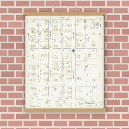 Old map wall art mockup — magnetic wood frame on brick wall — Sanborn Fire Insurance Map from Tuscola, Douglas County, Illinois (1914), Sheet #0004