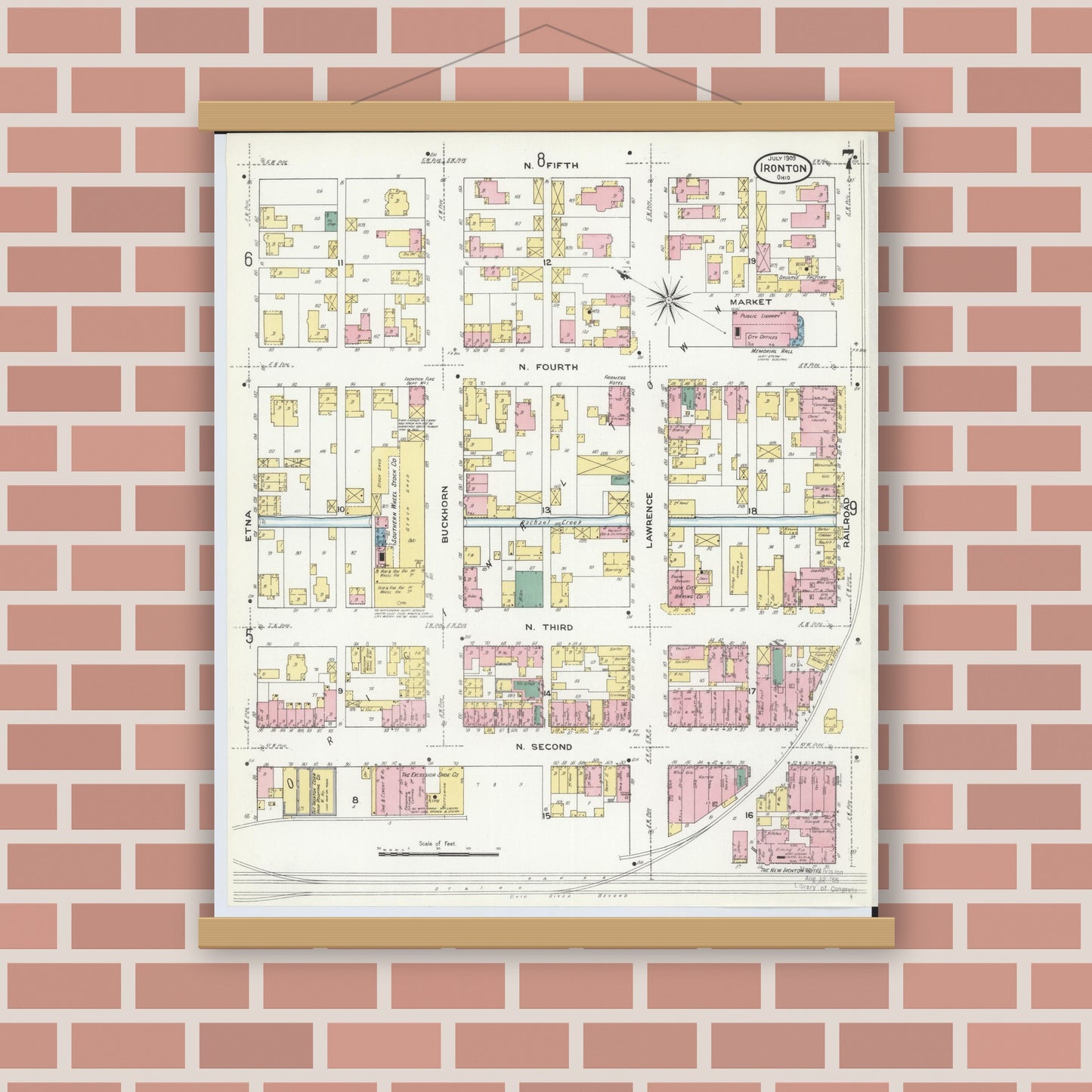 Old map wall art mockup — magnetic wood frame on brick wall — Sanborn Fire Insurance Map from Ironton, Lawrence County, Ohio (1909), Sheet #0007