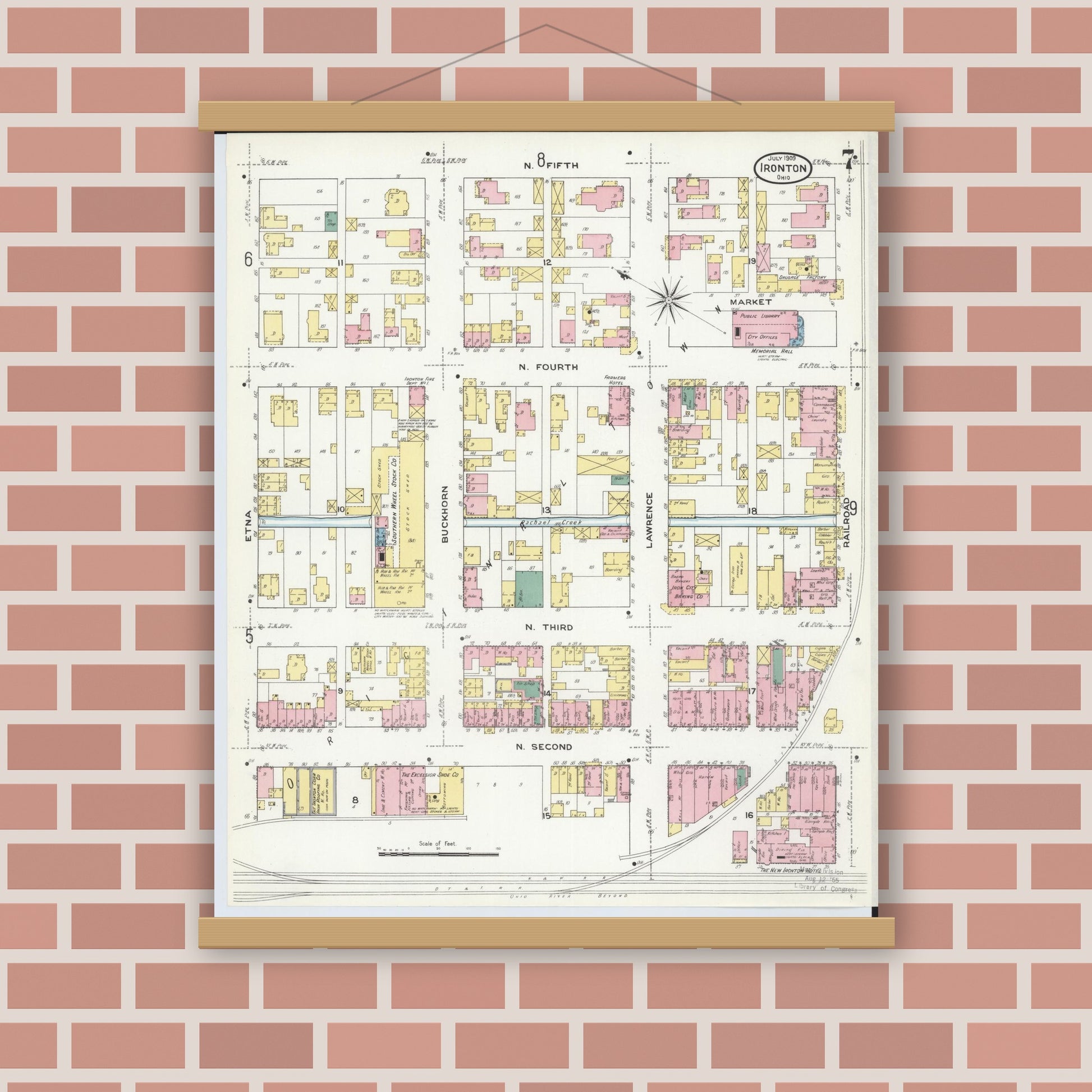 Old map wall art mockup — magnetic wood frame on brick wall — Sanborn Fire Insurance Map from Ironton, Lawrence County, Ohio (1909), Sheet #0007