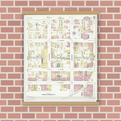 Old map wall art mockup — magnetic wood frame on brick wall — Sanborn Fire Insurance Map from Ironton, Lawrence County, Ohio (1909), Sheet #0007