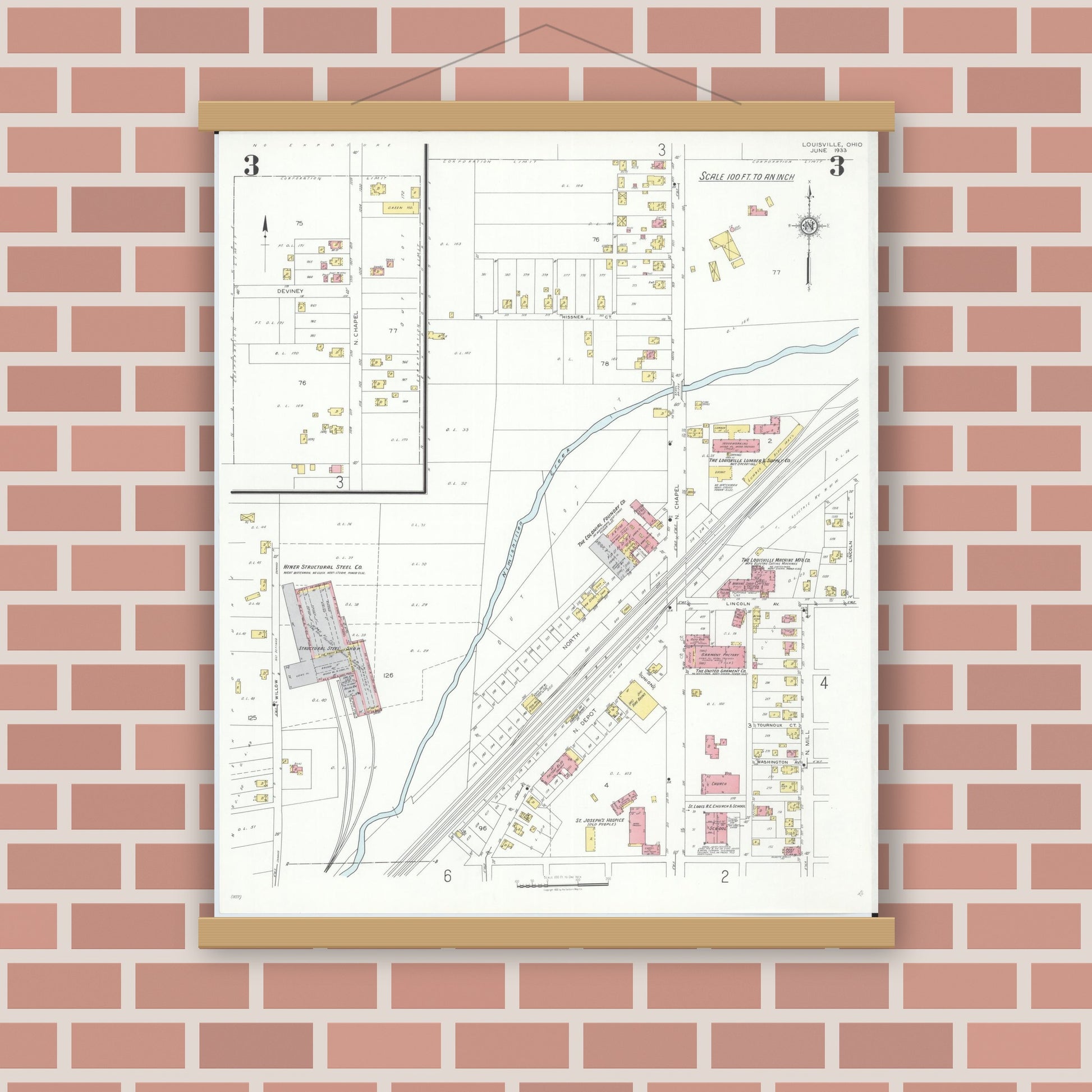 Old map wall art mockup — magnetic wood frame on brick wall — Sanborn Fire Insurance Map from Louisville, Stark County, Ohio (1933), Sheet #0003