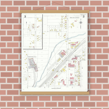 Old map wall art mockup — magnetic wood frame on brick wall — Sanborn Fire Insurance Map from Louisville, Stark County, Ohio (1933), Sheet #0003