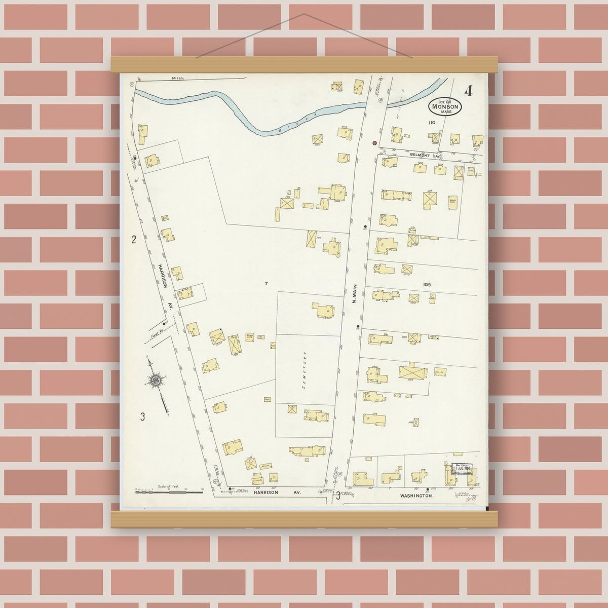 Old map wall art mockup — magnetic wood frame on brick wall — Sanborn Fire Insurance Map from Monson, Hampden County, Massachusetts (1911), Sheet #0004