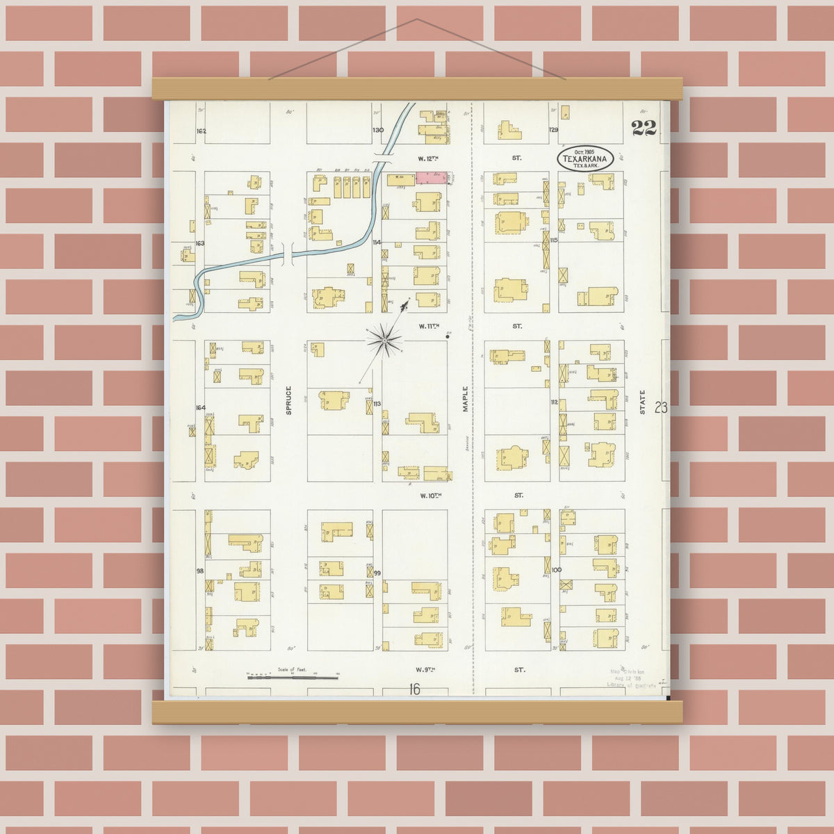 Old map wall art mockup — magnetic wood frame on brick wall — Sanborn Fire Insurance Map from Texarkana, Bowie County, Texas (1905), Sheet #0022