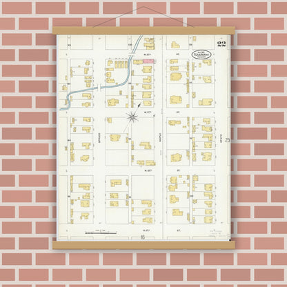 Old map wall art mockup — magnetic wood frame on brick wall — Sanborn Fire Insurance Map from Texarkana, Bowie County, Texas (1905), Sheet #0022