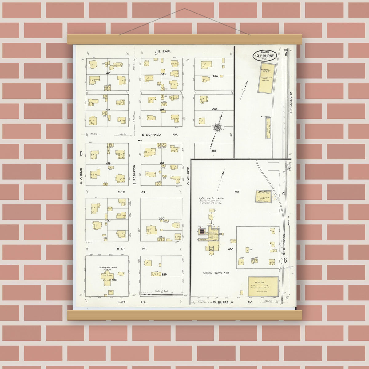 Old map wall art mockup — magnetic wood frame on brick wall — Sanborn Fire Insurance Map from Cleburne, Johnson County, Texas (1910), Sheet #0007