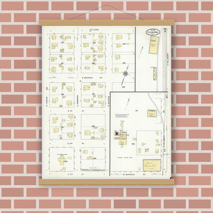 Old map wall art mockup — magnetic wood frame on brick wall — Sanborn Fire Insurance Map from Cleburne, Johnson County, Texas (1910), Sheet #0007