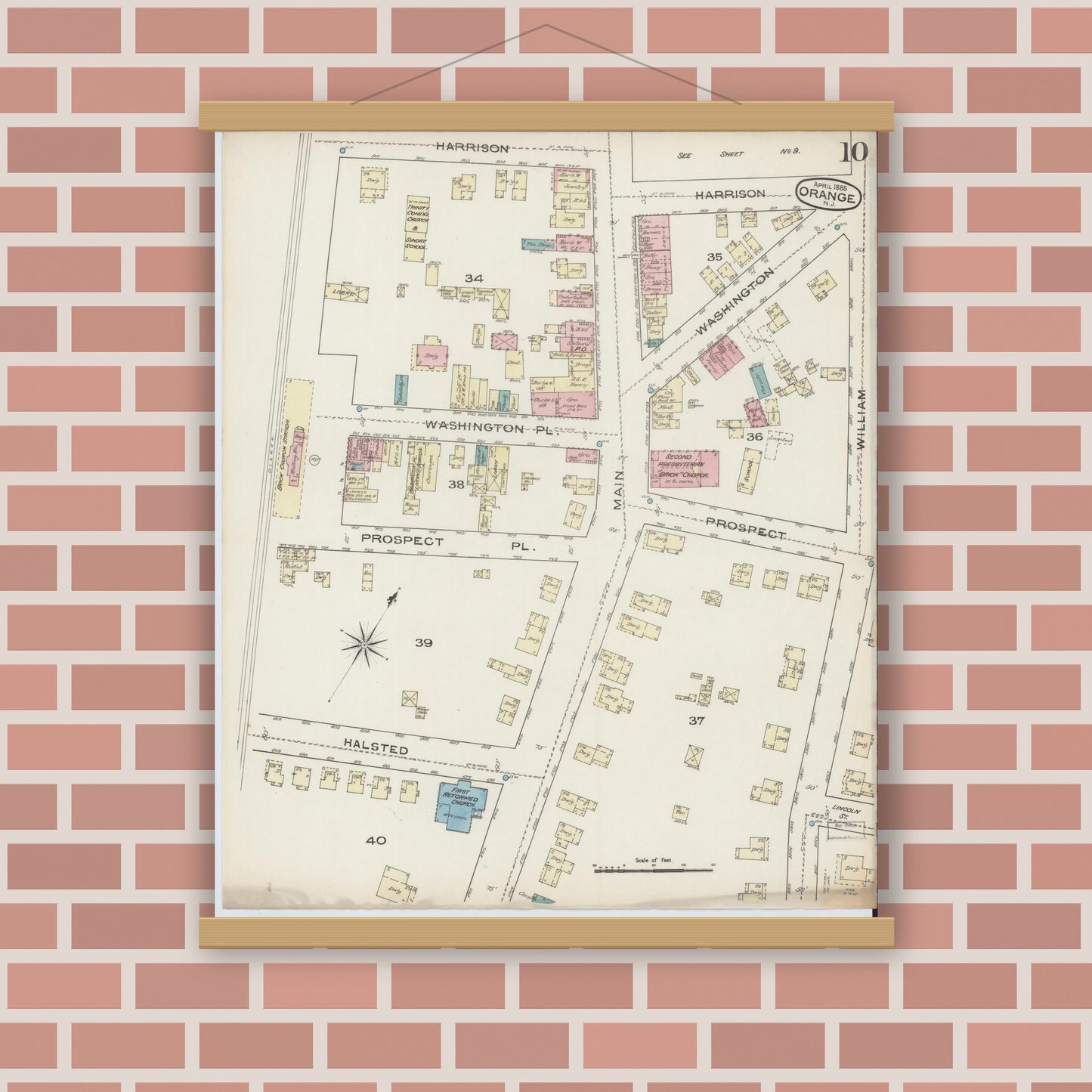 Old map wall art mockup — magnetic wood frame on brick wall — Sanborn Fire Insurance Map from Orange, Essex County, New Jersey (1885), Sheet #0010