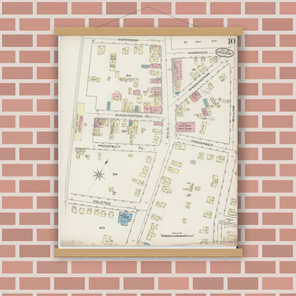 Old map wall art mockup — magnetic wood frame on brick wall — Sanborn Fire Insurance Map from Orange, Essex County, New Jersey (1885), Sheet #0010