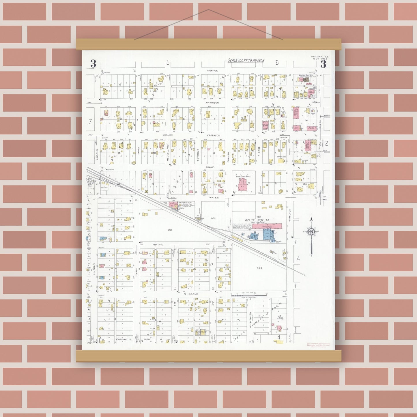 Old map wall art mockup — magnetic wood frame on brick wall — Sanborn Fire Insurance Map from Sullivan, Moultrie County, Illinois (1932), Sheet #0003