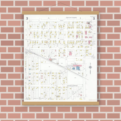 Old map wall art mockup — magnetic wood frame on brick wall — Sanborn Fire Insurance Map from Sullivan, Moultrie County, Illinois (1932), Sheet #0003