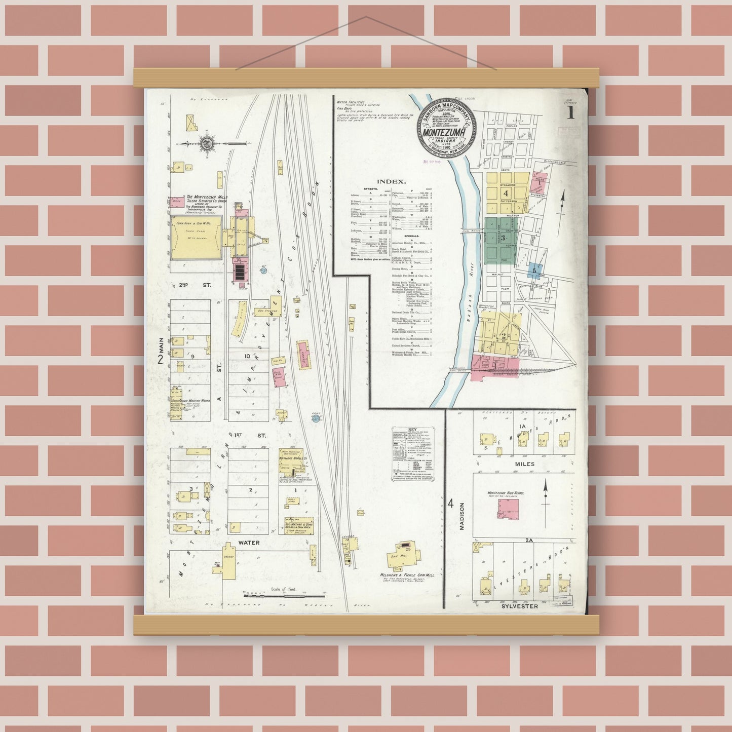 Old map wall art mockup — magnetic wood frame on brick wall — Sanborn Fire Insurance Map from Montezuma, Parke County, Indiana (1910), Sheet #0001