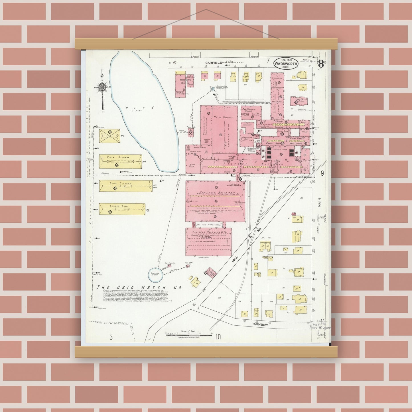 Old map wall art mockup — magnetic wood frame on brick wall — Sanborn Fire Insurance Map from Wadsworth, Medina County, Ohio (1923), Sheet #0008
