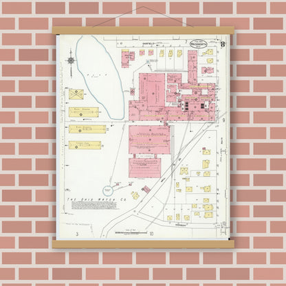 Old map wall art mockup — magnetic wood frame on brick wall — Sanborn Fire Insurance Map from Wadsworth, Medina County, Ohio (1923), Sheet #0008